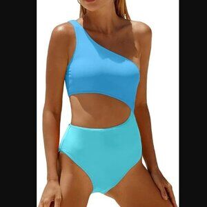 Yonique Women's One-Piece One Shoulder Monokini Cutout Swimsuit Turquoise Blue M